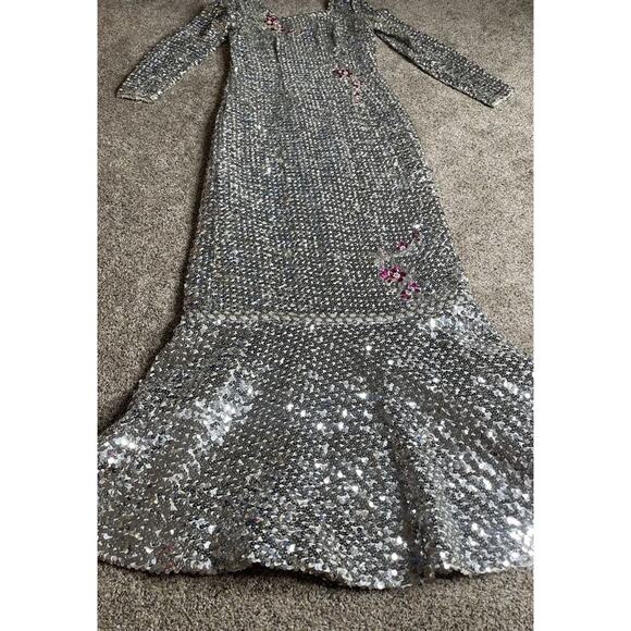 Vintage 60’s 70s Silver Sequin Mermaid Gown Dress Metallic Floral Glam Hollywood - Picture 7 of 12